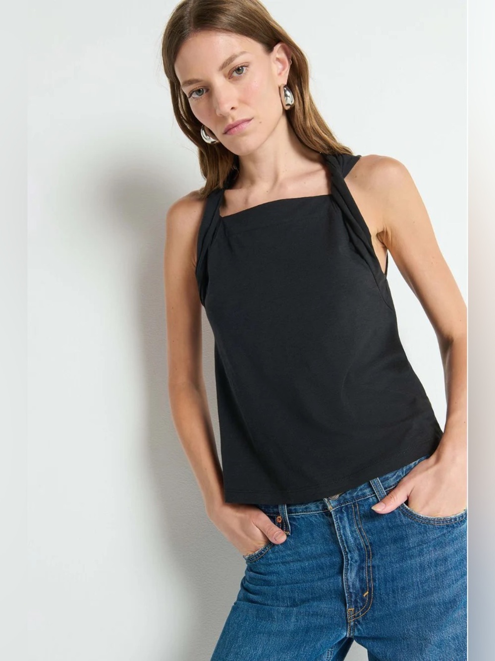 Nation Los Angeles Sabrina Twist Strap Tank Jet Black NWT Medium Pima Cotton - Picture 3 of 8